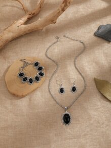 Stone Decor Bracelet & Drop Earrings & Necklace - Black - View 1