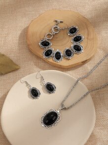 Stone Decor Bracelet & Drop Earrings & Necklace - Black - View 2