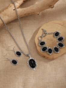 Stone Decor Bracelet & Drop Earrings & Necklace - Black - View 4