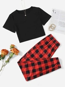 SHEIN Crop Tee With Gingham Print Pants Pajama Set - Multicolor - View 1