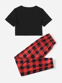 SHEIN Crop Tee With Gingham Print Pants Pajama Set - Multicolor - View 2