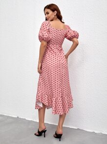 SHEIN Vestido con estampado de lunares pecho con fruncido bajo con fruncido de muslo con abertura - Rosa Pálido - Ver 2