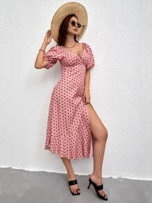 SHEIN Vestido con estampado de lunares pecho con fruncido bajo con fruncido de muslo con abertura - Rosa Pálido - Ver 3