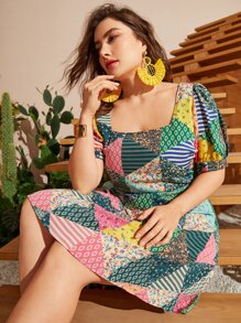 SHEIN VCAY 大碼拼貼泡泡袖連衣裙 - 彩色 - 查看 2