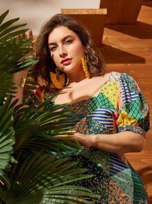 SHEIN VCAY 大碼拼貼泡泡袖連衣裙 - 彩色 - 查看 3