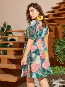 SHEIN VCAY 大碼拼貼泡泡袖連衣裙 - 彩色 - 查看 6