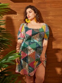 SHEIN VCAY 大碼拼貼泡泡袖連衣裙 - 彩色 - 查看 8