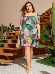 SHEIN VCAY 大碼拼貼泡泡袖連衣裙 - 彩色 - 查看 1