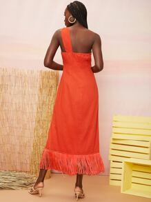SHEINNeu One Shoulder Twist Front Fringe Hem Dress - Orange - View 2