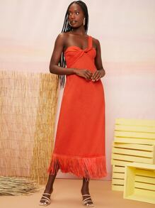 SHEINNeu One Shoulder Twist Front Fringe Hem Dress - Orange - View 6