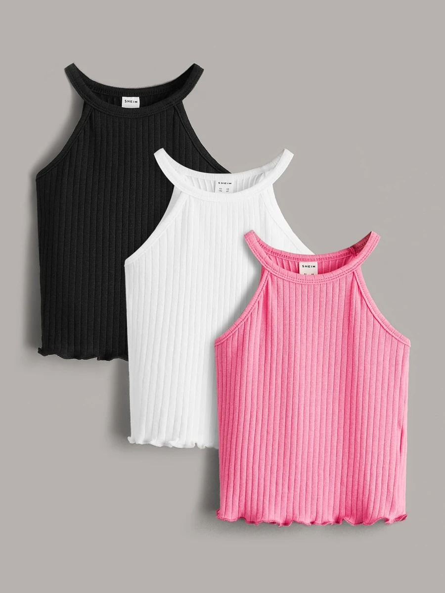 SHEIN Niñas 3 piezas Top halter algodón tejido de canalé - Multicolor - Ver 1
