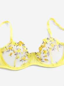 Embroidery Mesh Underwire Bra & Panty Lingerie Set - Yellow - View 4
