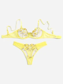 Embroidery Mesh Underwire Bra & Panty Lingerie Set - Yellow - View 5
