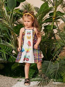 SHEIN 小女童蝴蝶和格紋印花吊帶洋裝