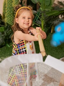 SHEIN 小女童蝴蝶和格紋印花吊帶洋裝