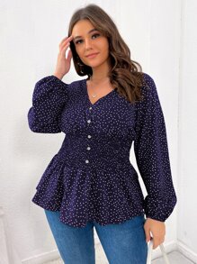 Áo sơ mi Plus Size Viên lá sen Dải chun Nút giả Chấm bi Giải trí - Màu xanh hải quân - Xem 1