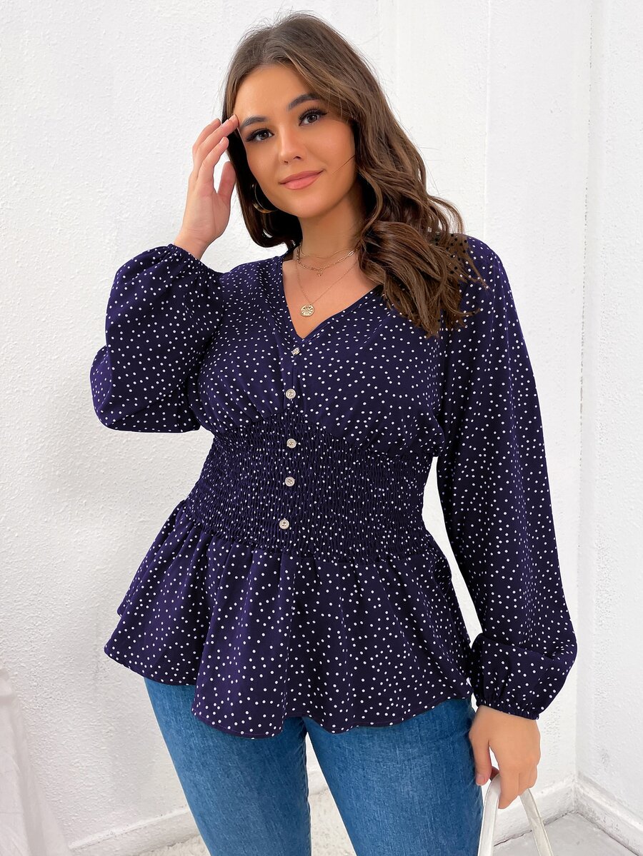Áo sơ mi Plus Size Viên lá sen Dải chun Nút giả Chấm bi Giải trí - Màu xanh hải quân - Xem 1