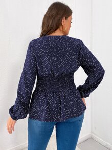 Áo sơ mi Plus Size Viên lá sen Dải chun Nút giả Chấm bi Giải trí - Màu xanh hải quân - Xem 2