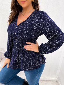 Áo sơ mi Plus Size Viên lá sen Dải chun Nút giả Chấm bi Giải trí - Màu xanh hải quân - Xem 4