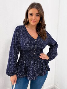 Áo sơ mi Plus Size Viên lá sen Dải chun Nút giả Chấm bi Giải trí - Màu xanh hải quân - Xem 5