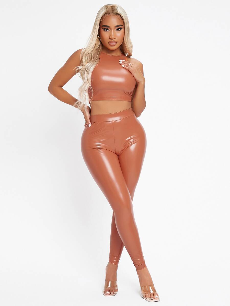 SHEIN SXY 圓領亮面短款上衣和緊身打底褲套裝 - 乾枯玫瑰色 - 查看 1