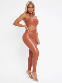 SHEIN SXY 圓領亮面短款上衣和緊身打底褲套裝 - 乾枯玫瑰色 - 查看 4