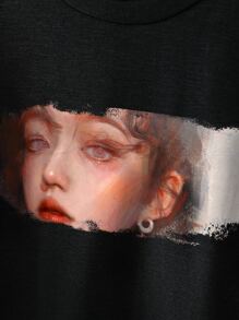 女孩人像圖案落肩T恤 - 黑色 - 查看 3