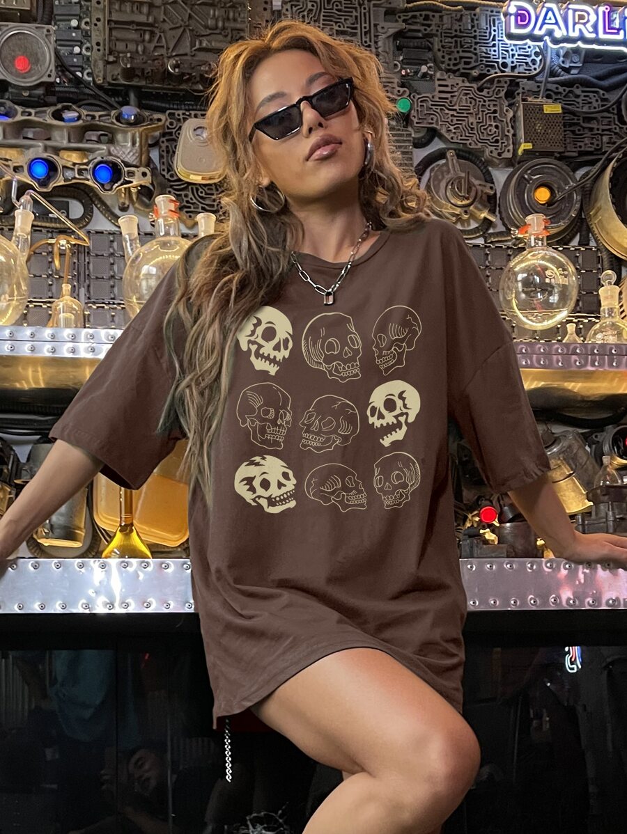 SHEIN Unity Creative Pattern Casual Round Neck Dropped Shoulder Short Sleeve T-Shirt, Versatile For Summer - Coffee Brown - View 1