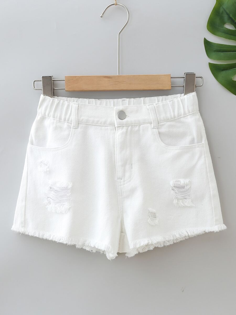 Shorts de mezclilla anchos y cómodos con cintura elástica suelta de estilo callejero retro y casual para niñas preadolescentes, desgastados con borde deshilachado. Un elemento de moda Simple que es imprescindible durante todo el año. - Blanco - Ver 1
