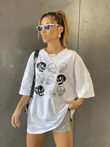 SHEIN Unity 女士骷髅印花休闲圆领短袖T恤 - 白色 - 查看 1