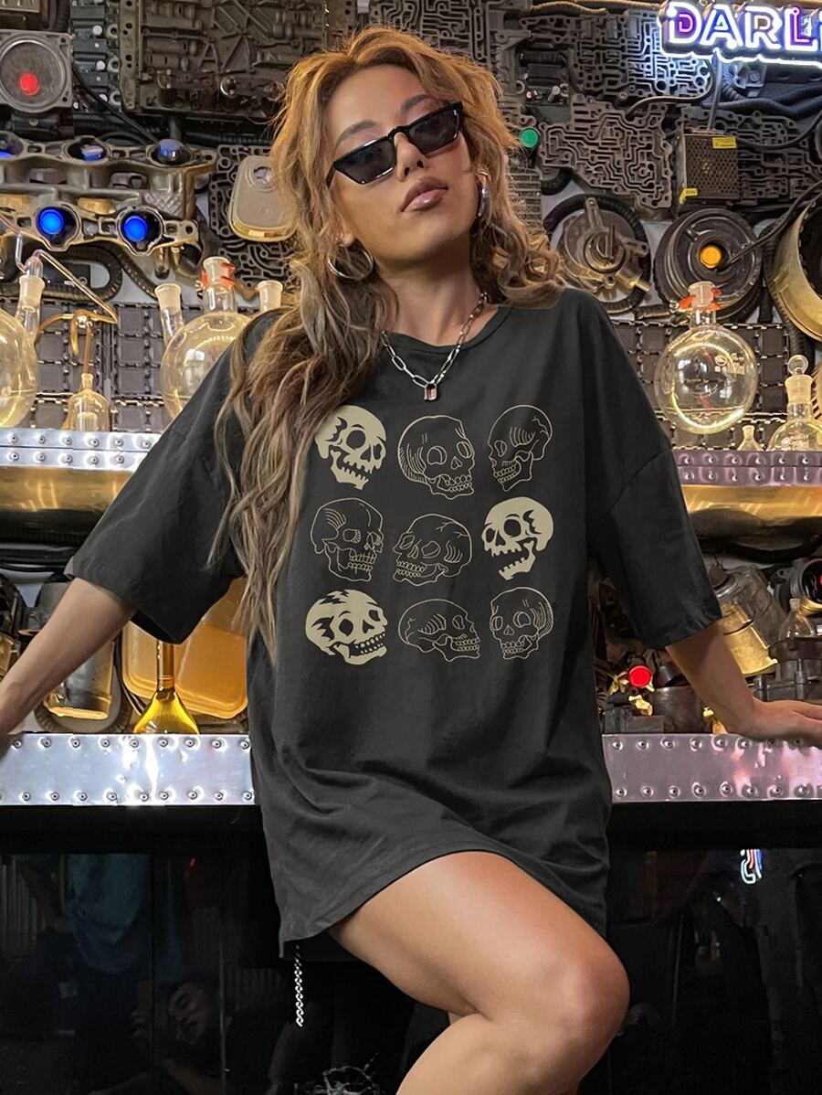SHEIN Unity 骷髅頭圖案落肩T恤 - 黑色 - 查看 1