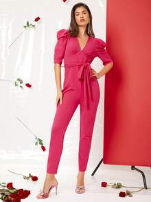 SHEIN Puff Sleeve Ruched Belted Unitard Jumpsuit - Hot Pink - View 3