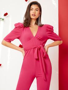 SHEIN Puff Sleeve Ruched Belted Unitard Jumpsuit - Hot Pink - View 4