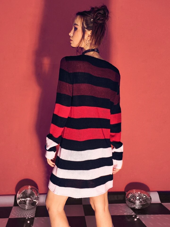 black and red striped sweater dress Goth Striped Oversized Sweater Dress, Grunge Knit Pullover, Distressed  Streetwear Alt Y2K Emo
