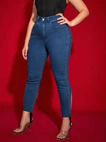 大碼高腰踩腳緊身牛仔褲無鏈 - 中等水洗藍 - 查看 5