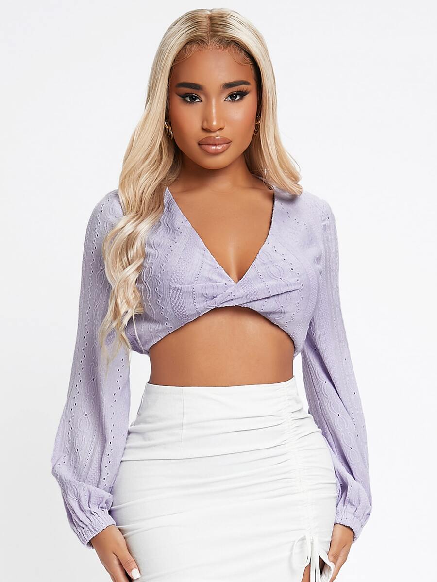 SHEIN SXY 前扭結短款網眼刺繡上衣 - 紫丁香色 - 查看 1