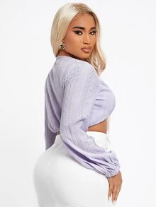 SHEIN SXY 前扭結短款網眼刺繡上衣 - 紫丁香色 - 查看 2