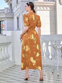 Modelyn Golden Floral Print Puff Sleeve Belted Dress - Orange - View 2
