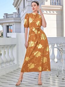 Modelyn Golden Floral Print Puff Sleeve Belted Dress - Orange - View 3