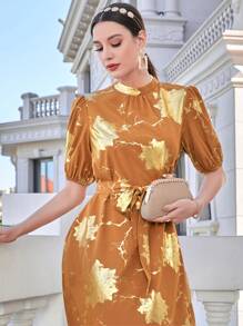 Modelyn Golden Floral Print Puff Sleeve Belted Dress - Orange - View 4