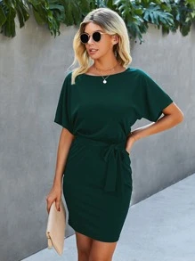 SHEIN LUNE Solid Batwing Sleeve Belted Fitted Dress - Dark Green - View 4