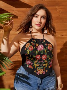 SHEIN VCAY 大碼花卉刺繡掛脖上衣 - 彩色 - 查看 3