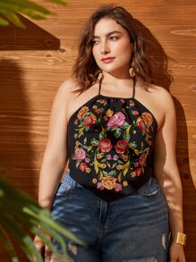 SHEIN VCAY 大碼花卉刺繡掛脖上衣 - 彩色 - 查看 4