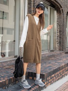 DAZY 雙口袋前紐扣不帶上衣毛衣裙 - 摩卡棕 - 查看 5