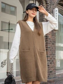 DAZY 雙口袋前紐扣不帶上衣毛衣裙 - 摩卡棕 - 查看 7