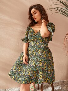 SHEIN VCAY 大碼小碎花泡泡袖洋裝