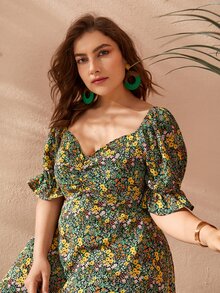 SHEIN VCAY 大碼小碎花泡泡袖洋裝