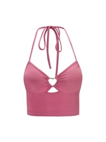 SHEIN Unity Ruched Tie Backless Crop Halter Top - Pink - View 1