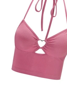 SHEIN Unity Ruched Tie Backless Crop Halter Top - Pink - View 3