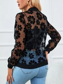 拉鏈開襟花卉圖案歐根紗飛行員夾克